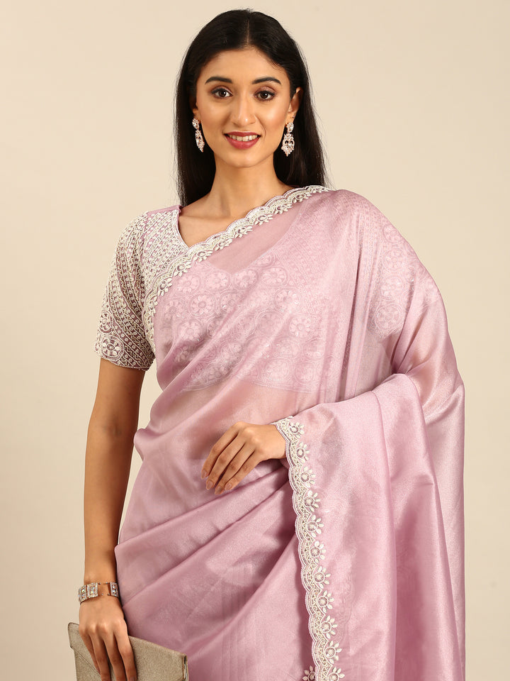 Lavender Jimmy Tissue Saree With Pearls & Beads Embroidery With Heavy Readymade Blouse