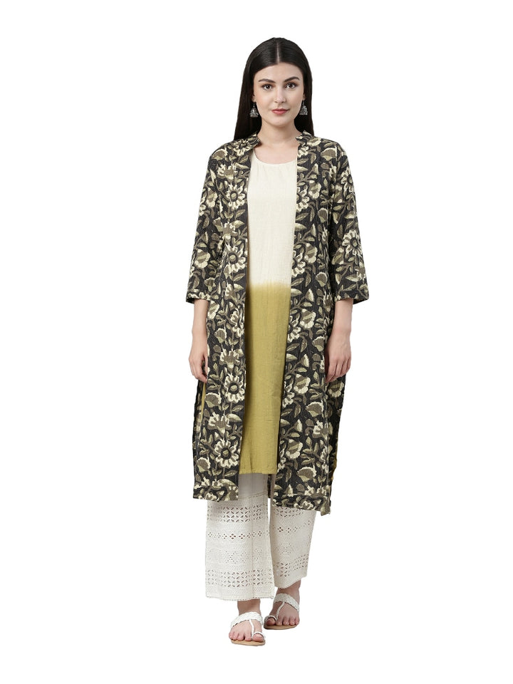 Neerus Multi Color Cotton Fabric Solid Kurta With Floral Coat