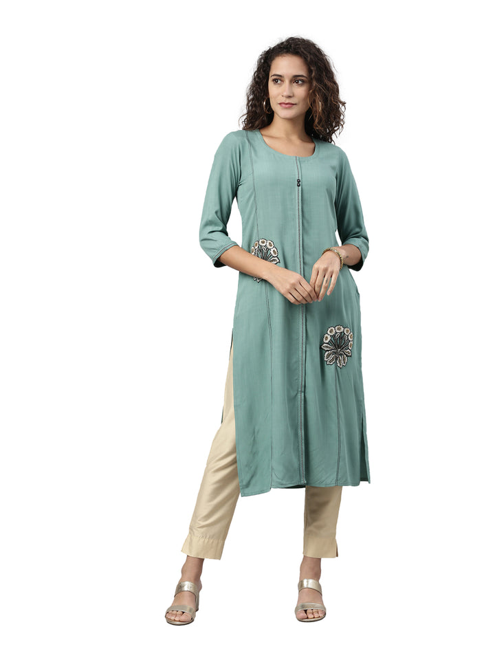 Neerus Women Turquoise Blue Solid Kurta