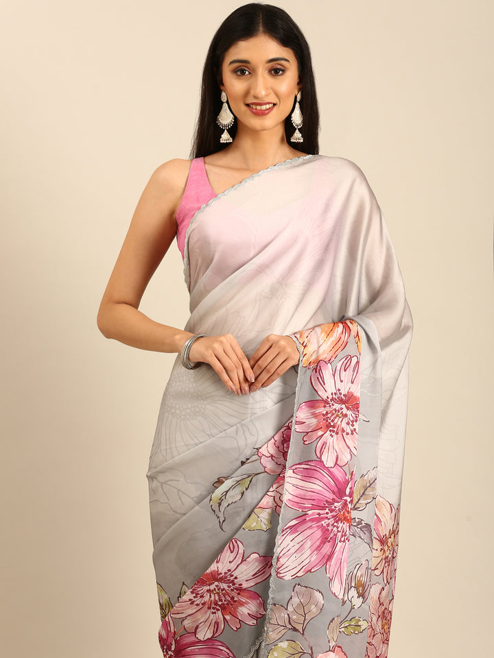 Great Satin Floral Printed Saree With Swarovski Embroidery