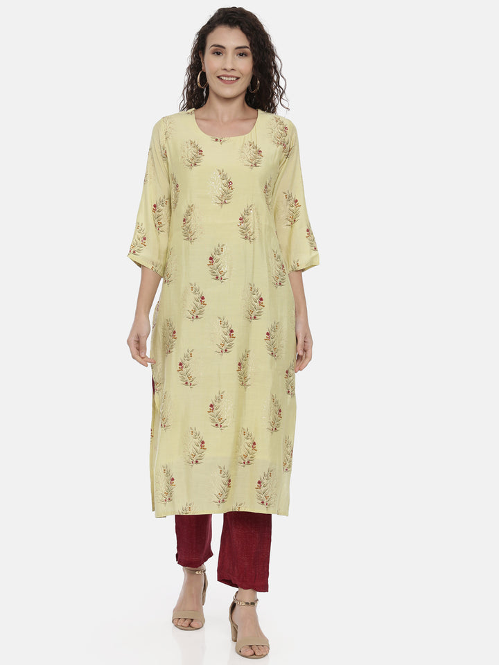 Neerus Green printed kurta set with trousers - front view