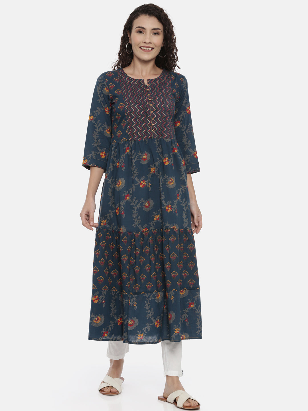 Neerus Blue printed ethnic kurta for women - front view