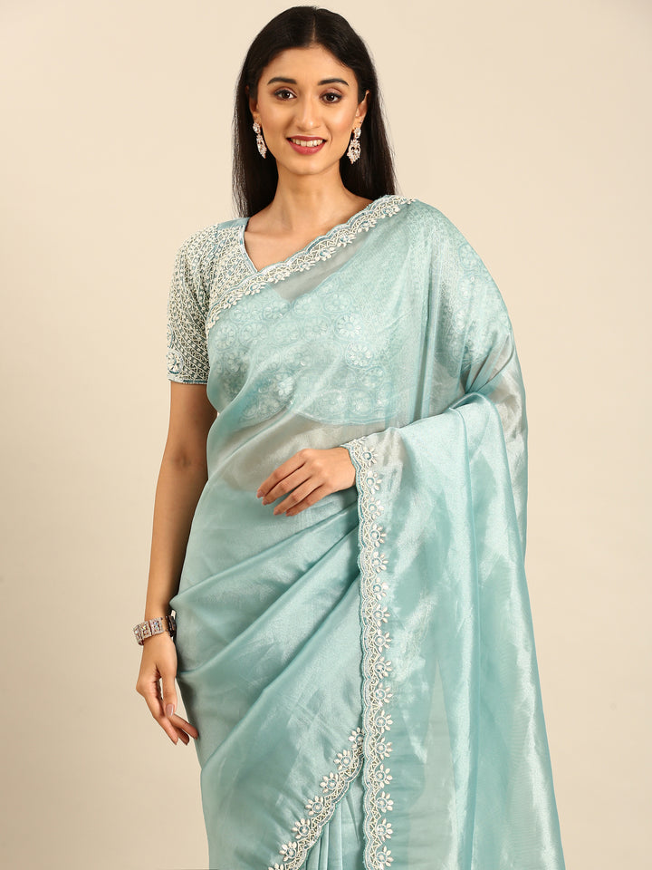 Sky blue Jimmy tissue saree with pearls & beads embroidery with heavy ready made blouse