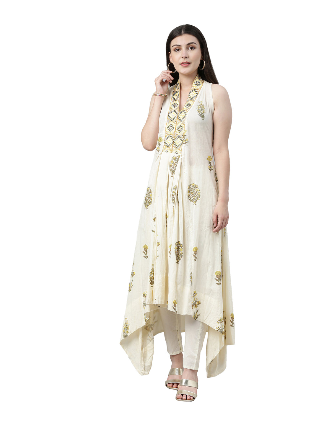 Neerus Women Cream-Coloured Printed Kurta with Salwar