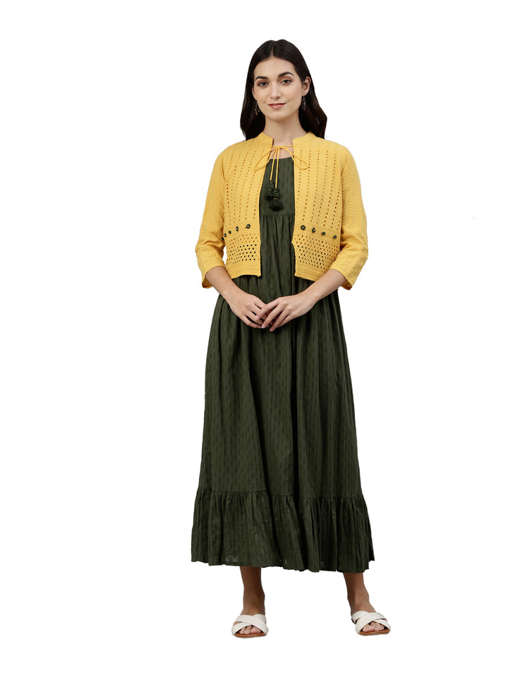 Neerus Green silk woven Anarkali kurta - front view