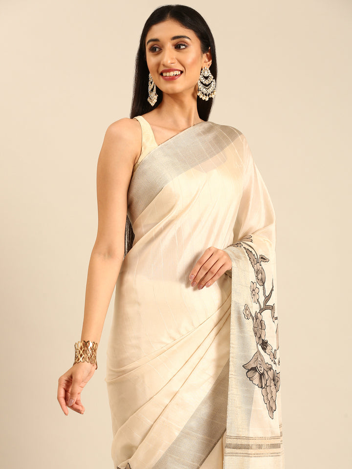 Cream Natural Dupion Saree With Floral Print