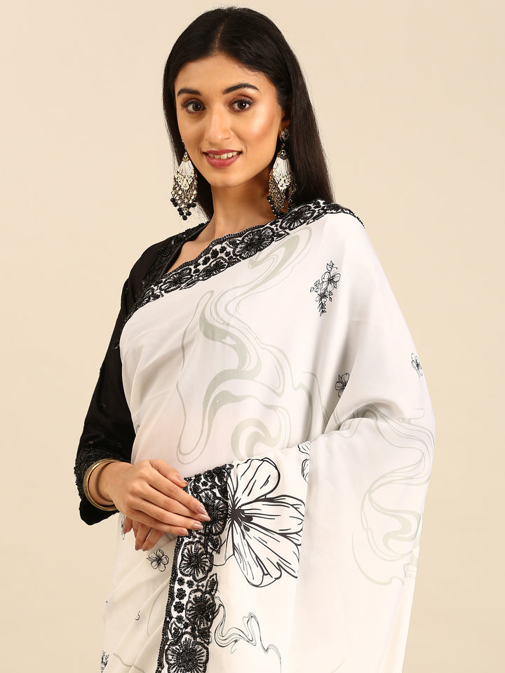 Black & White Satin Printed Saree With Hand Embroidery And Ready Made Blouse