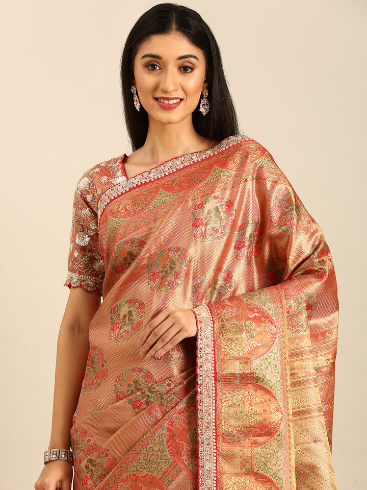 Red & gold banarasi silk saree with zardozi & sequins hand work with Ready made blouse