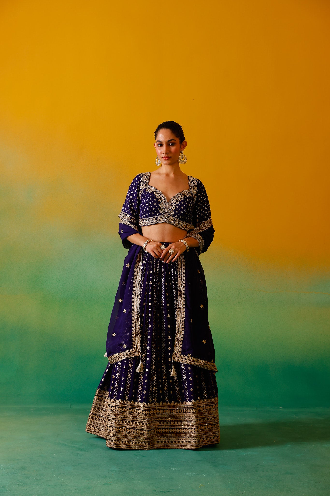 Neerus Purple Embroidery Georgette Fabric Ghagra Set