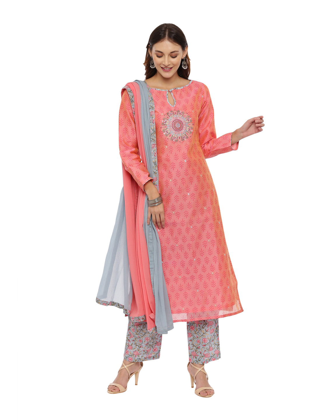 Neerus Women Peach-Coloured Woven Design Kurta with Salwar  Dupatta