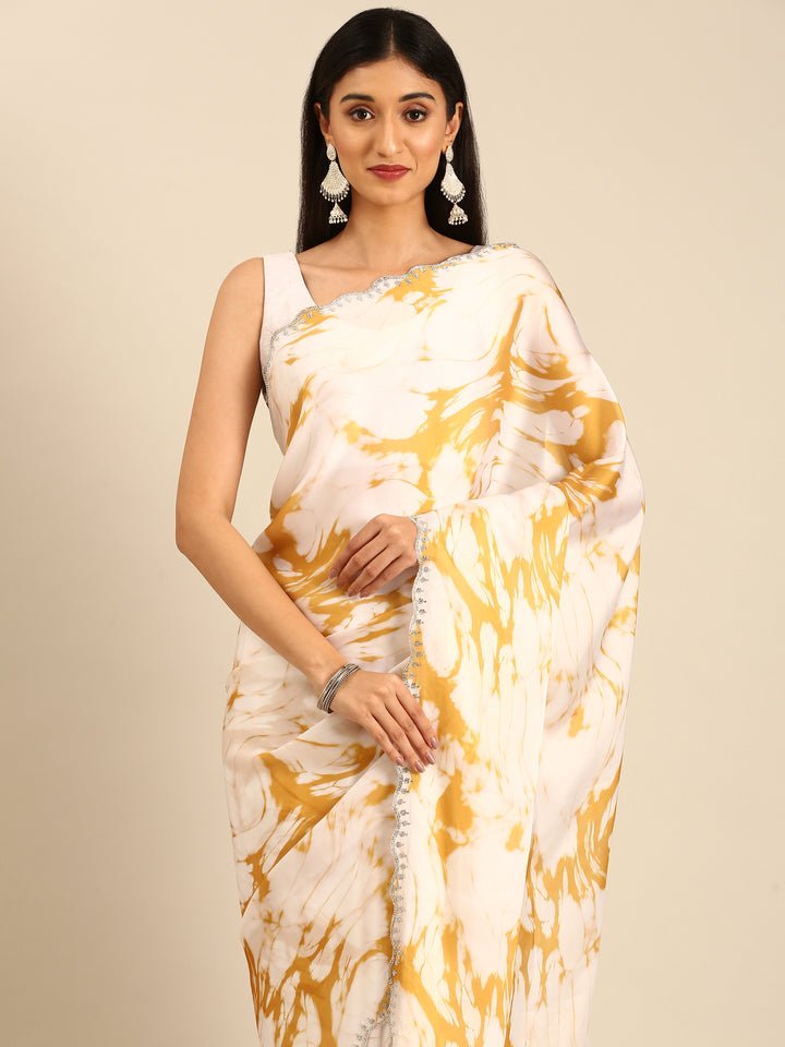 Mustard & white printed satin saree with Swarovski embroidery