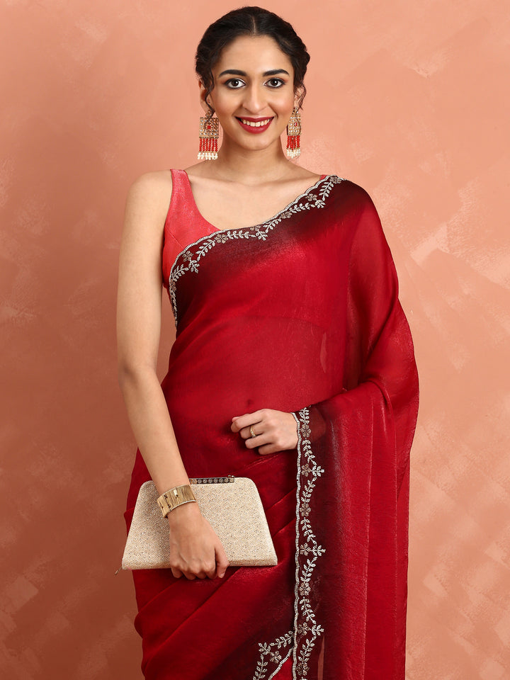 Red Jimmy Tissue Saree With Hand Embroidery