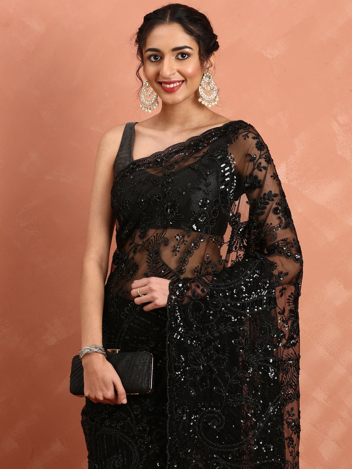 Black net saree with sequin heavy hand embroidery