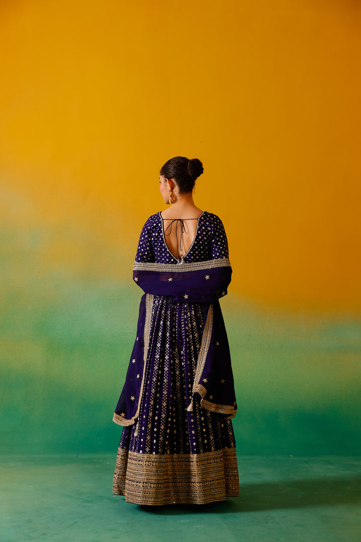 Neerus Purple Embroidery Georgette Fabric Ghagra Set