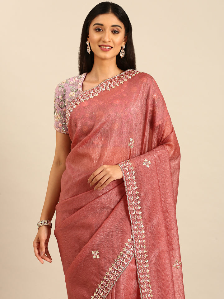 Onion pink Jimmy crushed tissue saree with pearls & sequins embroidery with heavy ready made blouse