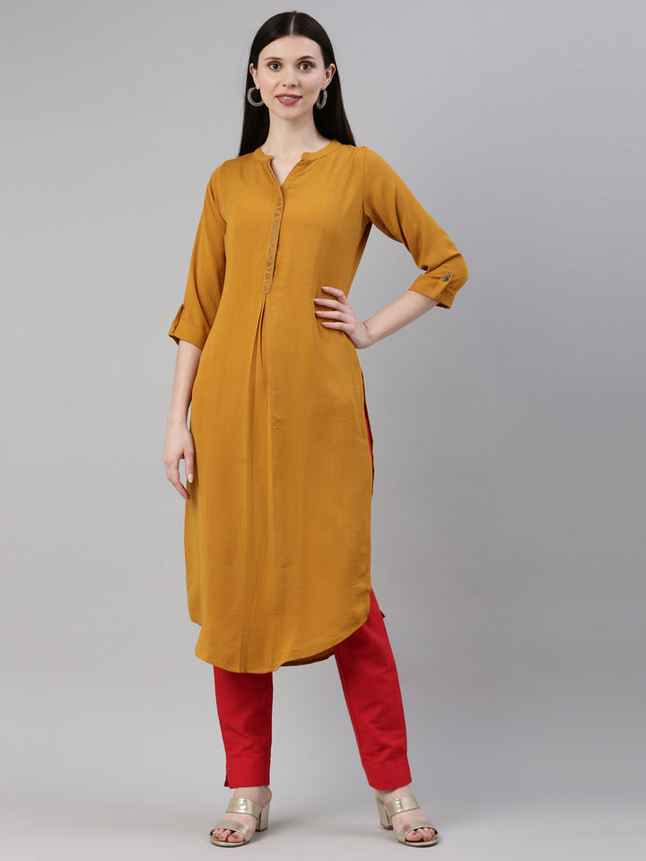 Neerus Yellow rayon solid kurti - front view