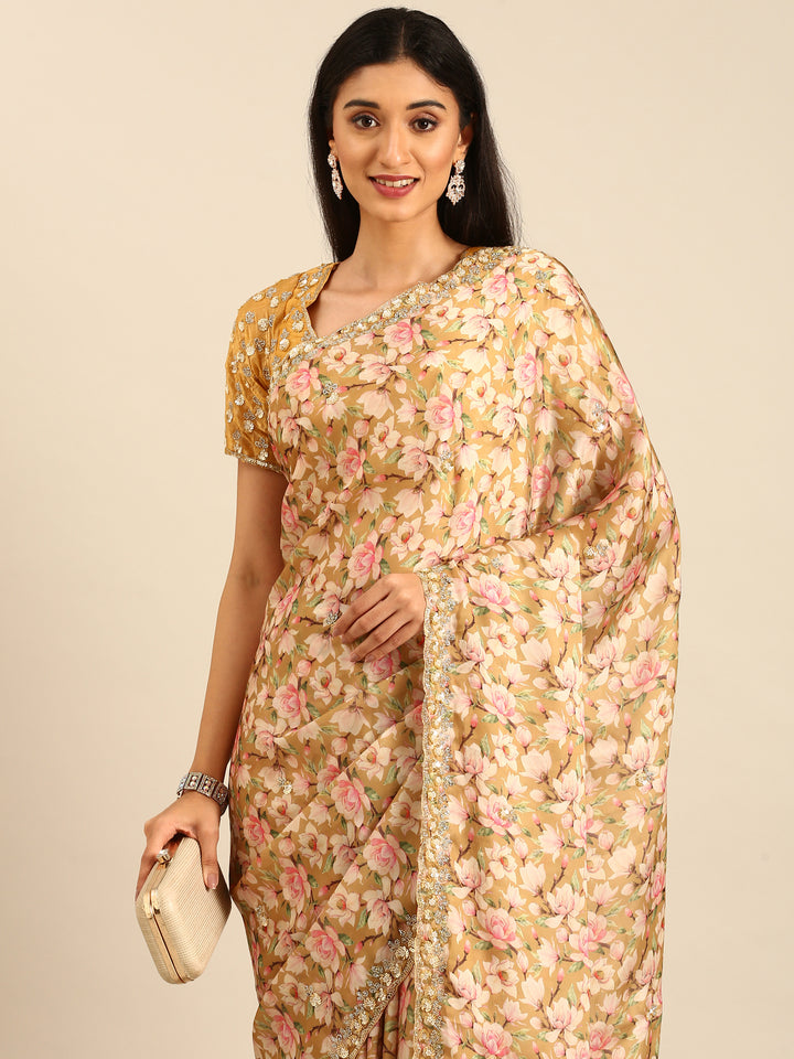 Yellow Floral Printed Satin Saree With Pearls & Sequins Embroidery With Heavy Readymade Blouse