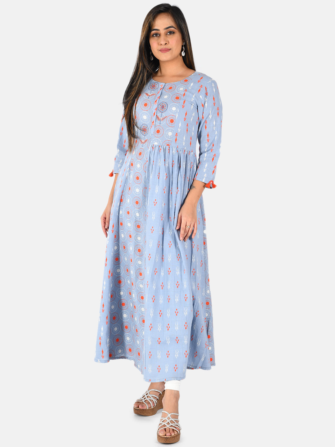 Neerus Blue cotton printed straight kurta - front view