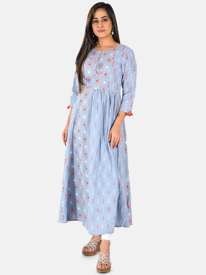 Neerus Blue cotton printed straight kurta - front view