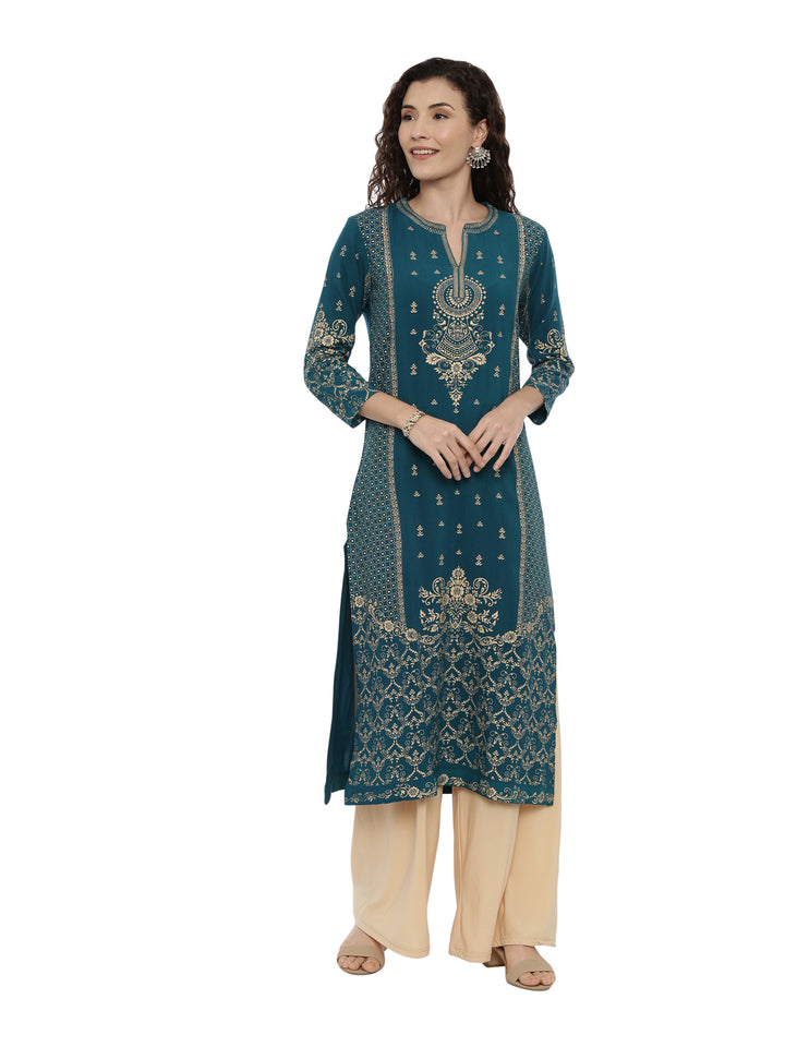 Neerus Green viscose rayon printed kurti - front view