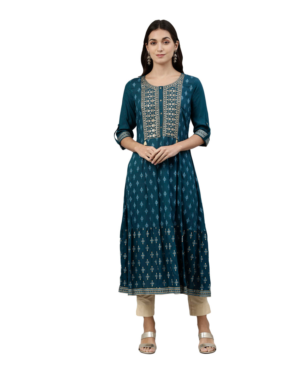 Neerus Blue thread embroidered ethnic kurta - front view