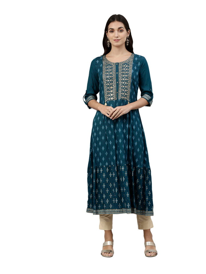 Neerus Blue thread embroidered ethnic kurta - front view