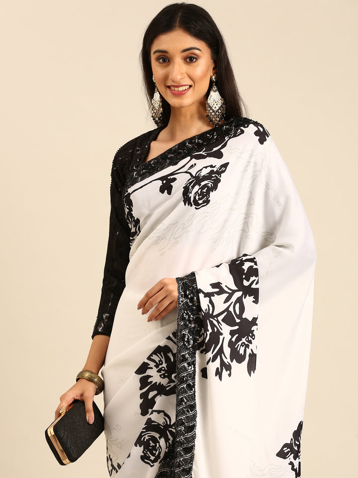 Black & White Satin Printed Saree With Hand Embroidery & Readymade Blouse