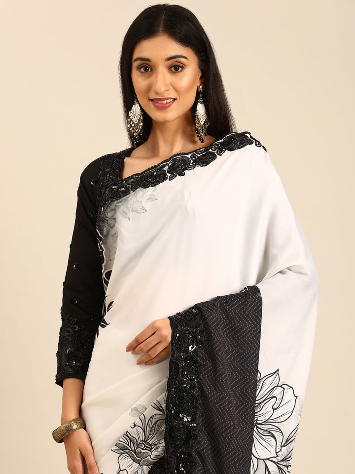 Black & white satin printed saree with hand embroidery & ready made blouse