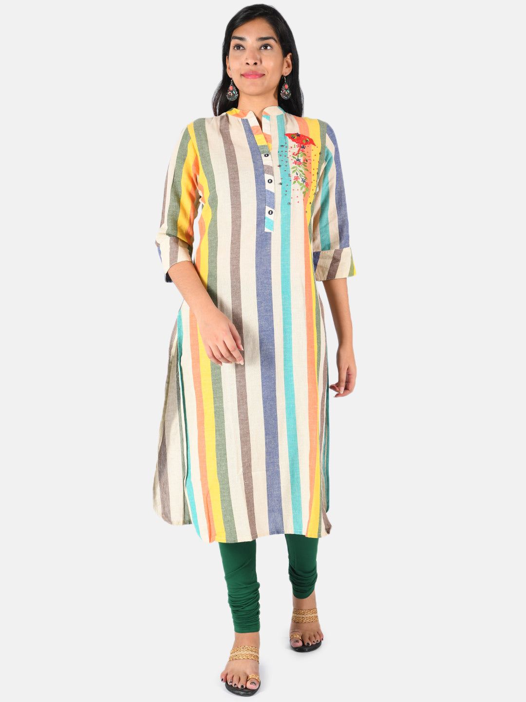 Neerus Multi rayon striped printed straight kurti - front view