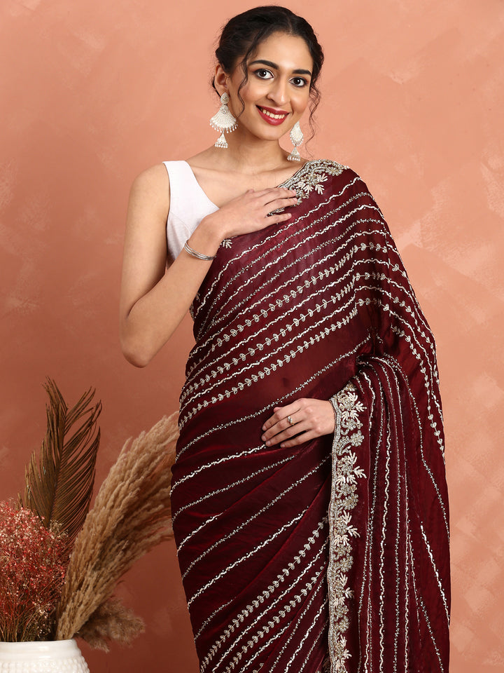 Maroon Swarovski & Cut Dana Hand Embroidered Saree