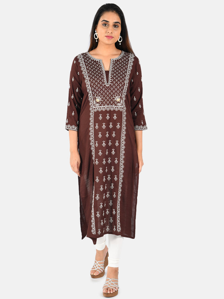 Neerus Brown printed A-Line kurta - front view