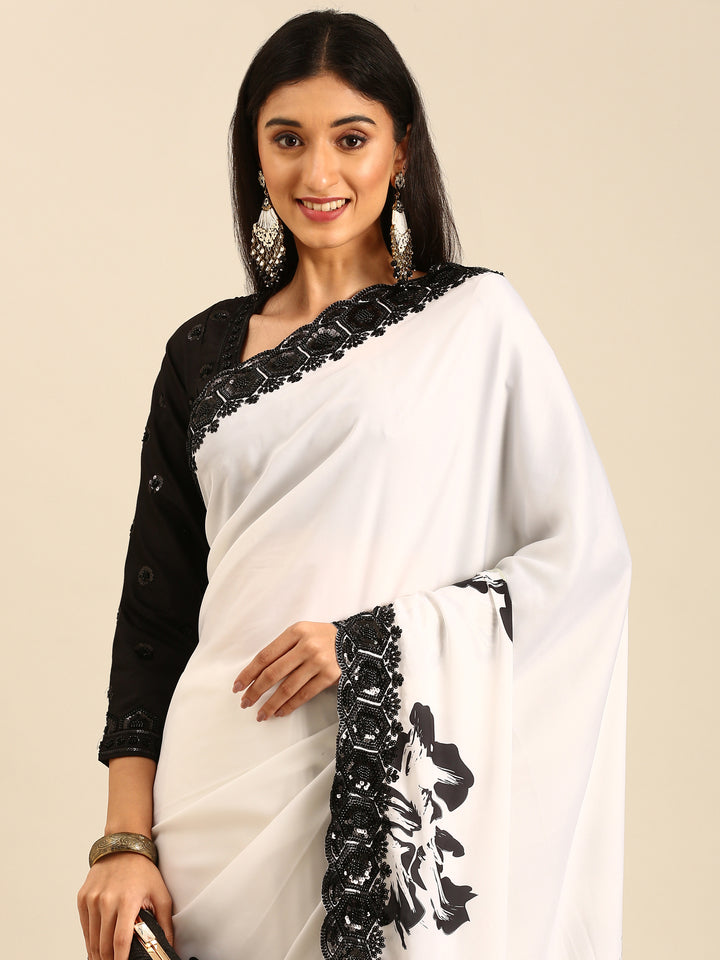 Black & White Satin Printed Saree With Hand Embroidery & Readymade Blouse
