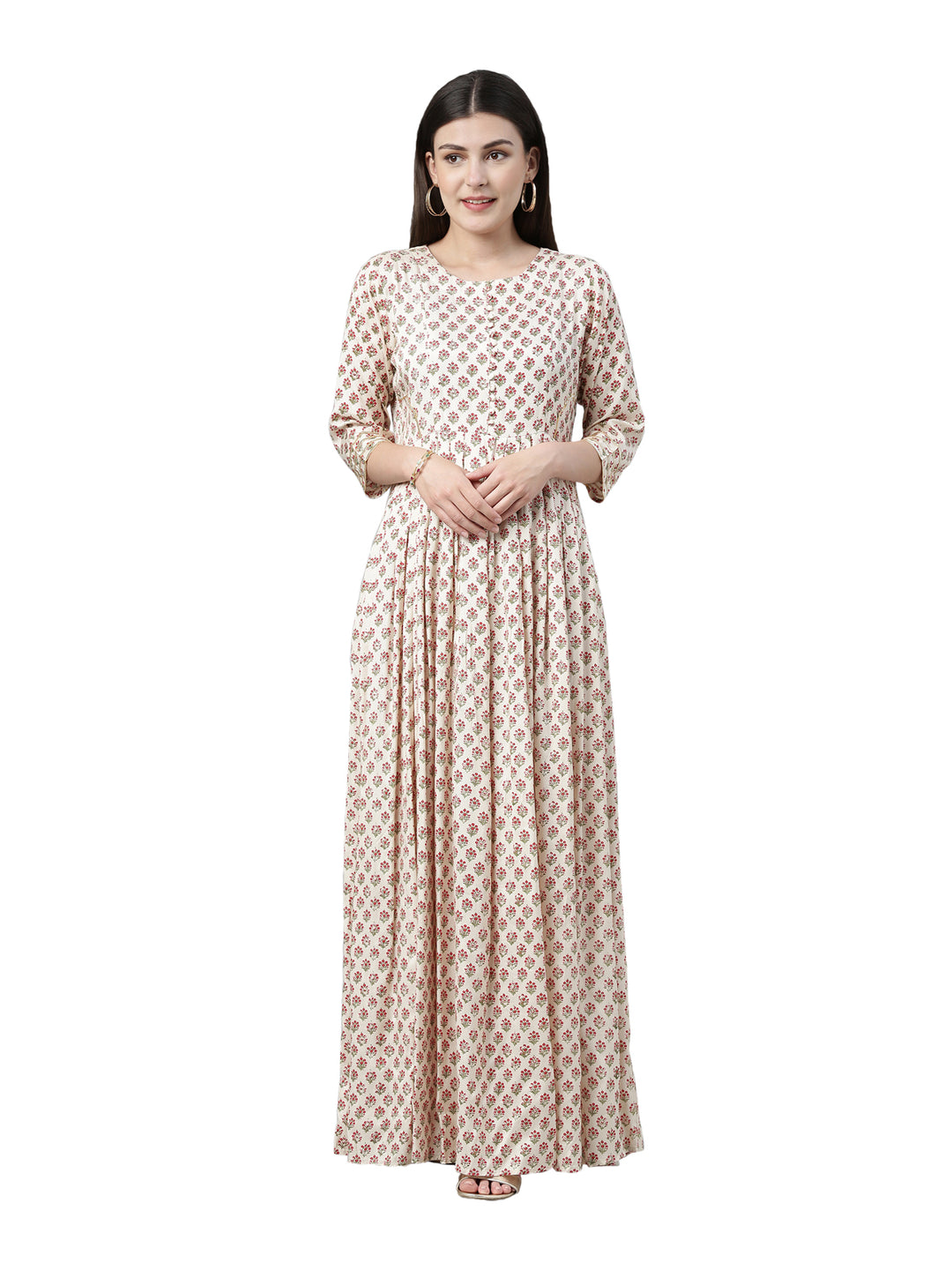 Neerus Women Cream-Coloured Floral Printed Anarkali Kurta