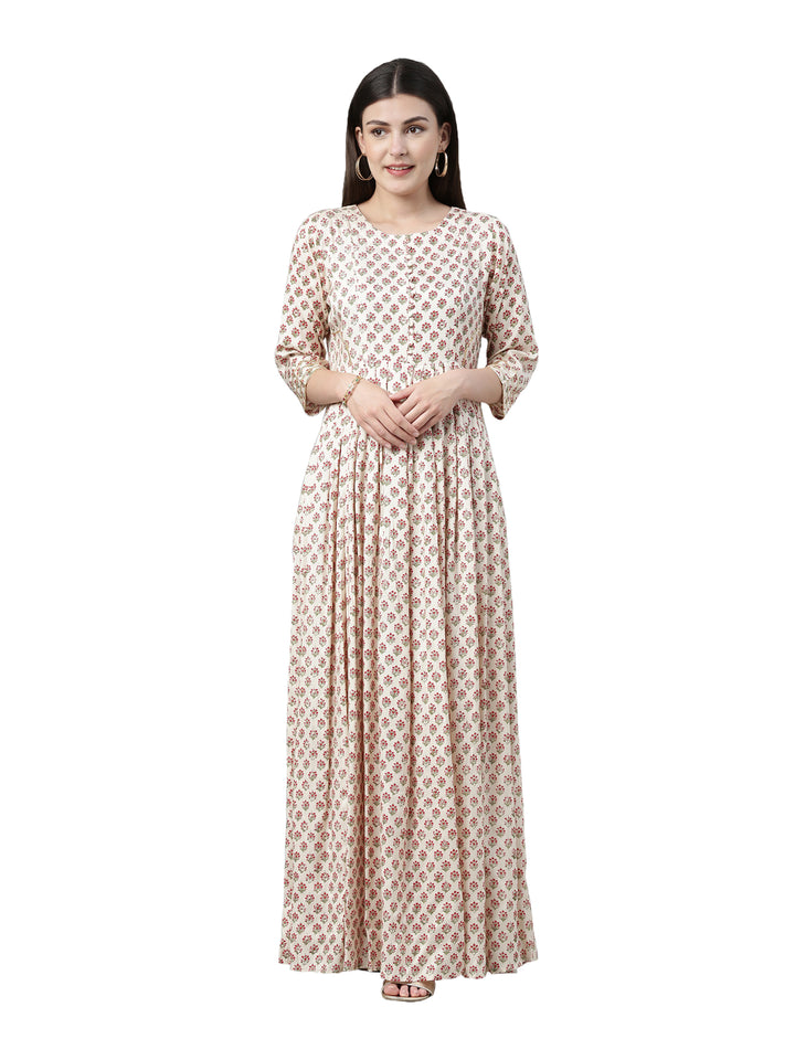 Neerus Women Cream-Coloured Floral Printed Anarkali Kurta