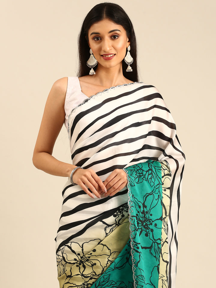 Green Satin printed saree with Swarovski embroidery
