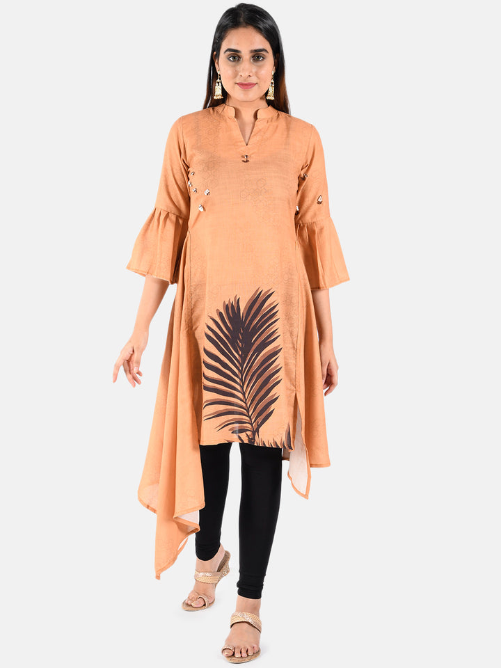 Neerus Beige printed A-Line kurta - front view