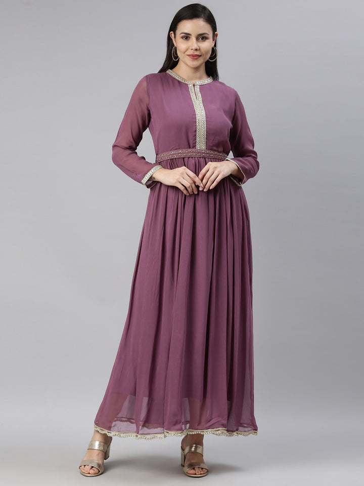Neerus Purple Georgette Thread Embroidered Anarkali Kurta - front view