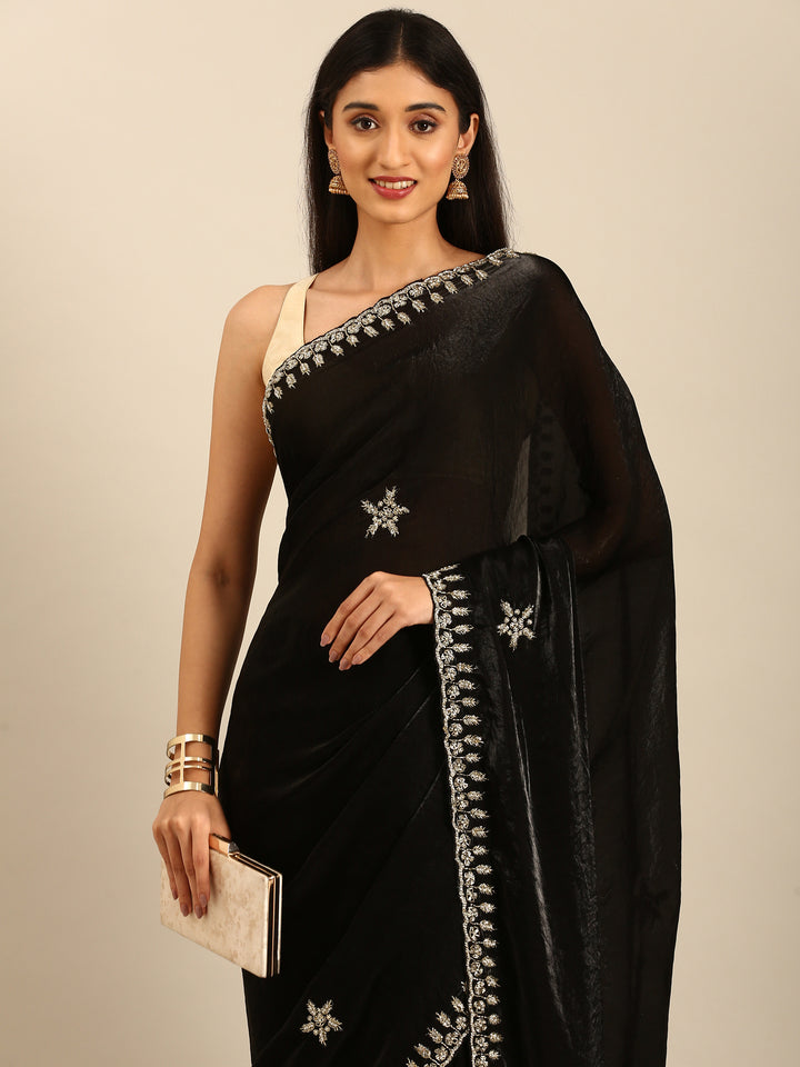 Black Shimmer Tissue Saree With Cut Dana & Swarovski Embroidery