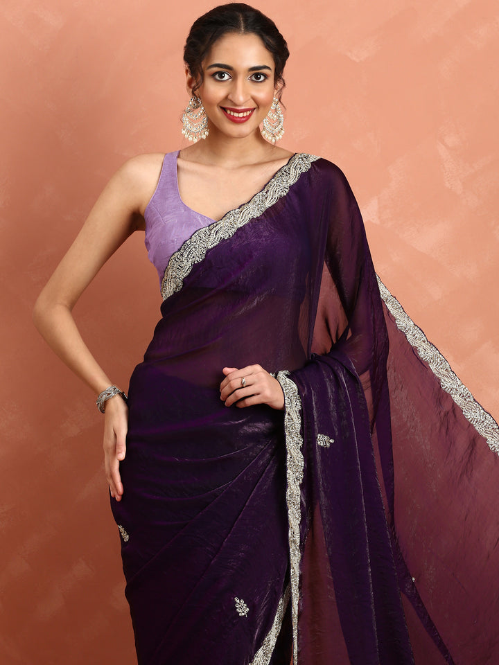 Wine Jimmy Sheer Satin Saree With Hand Embroidery Saree