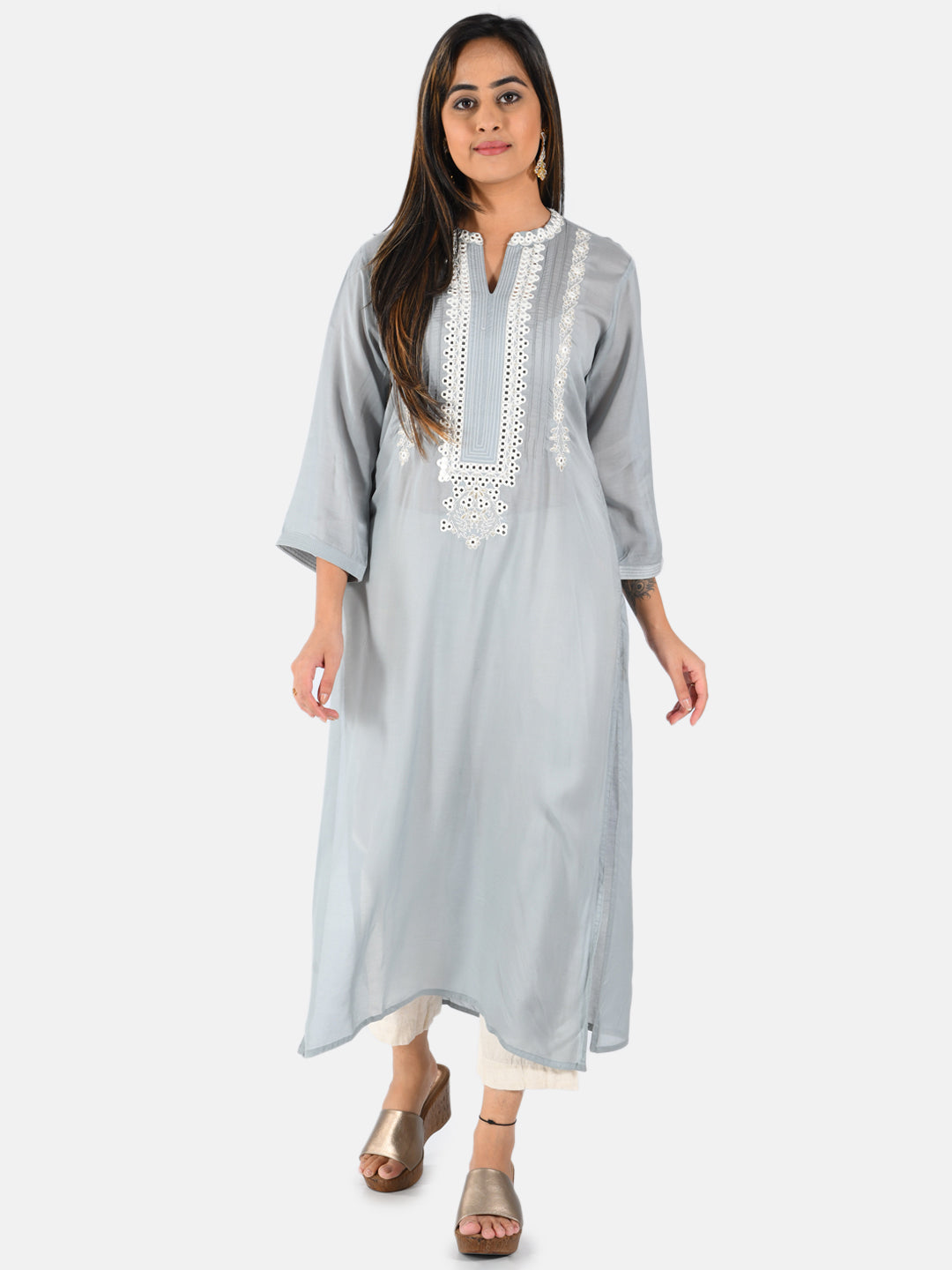 Neerus Grey mirror work embroidered straight kurta - front view
