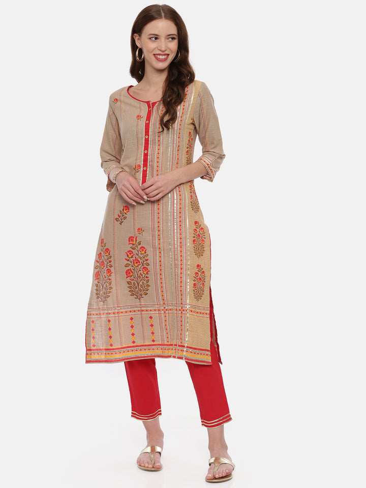 Neerus Beige printed kurta set with trousers - front view
