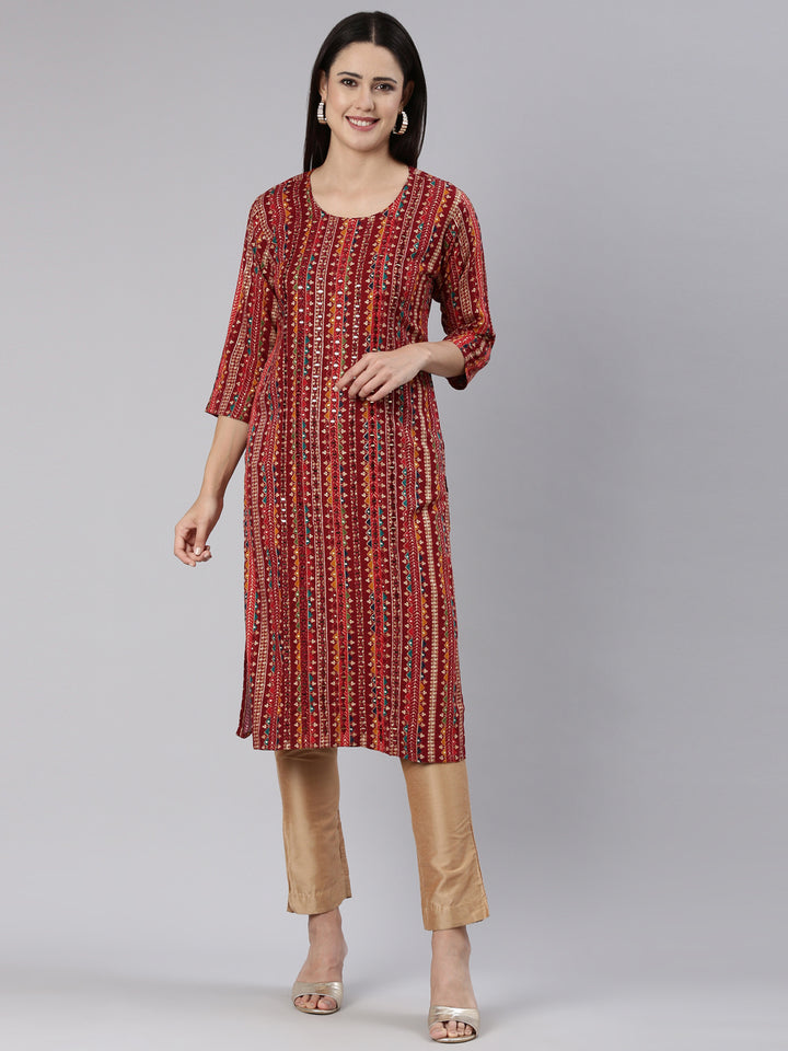 Neerus Maroon Regular Straight Chevron Kurtas