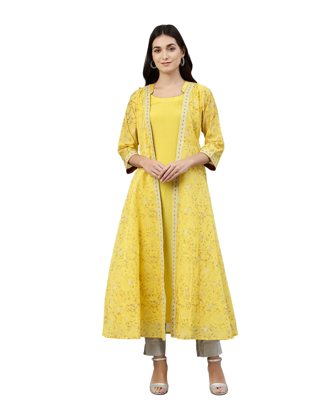 Neerus Yellow thread embroidered Anarkali kurta - front view