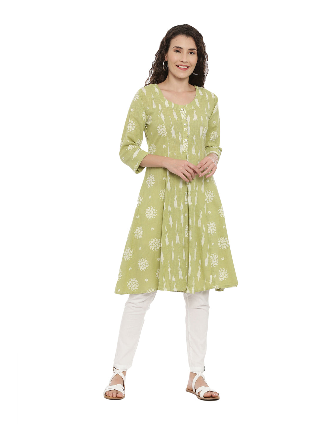 Neerus Women Green White Woven Design Anarkali Kurta