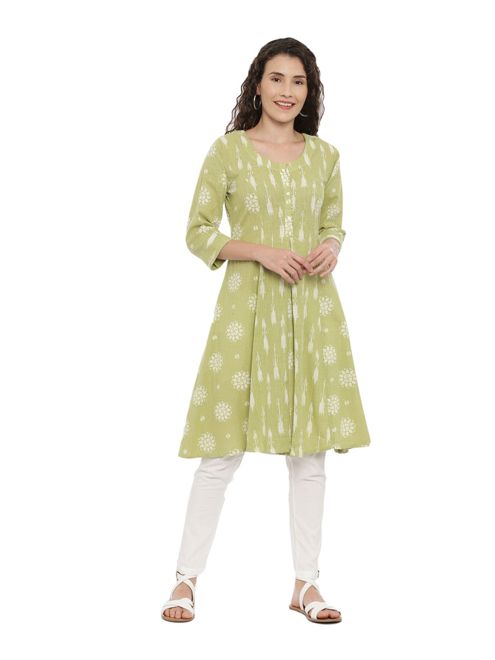Neerus Women Green White Woven Design Anarkali Kurta