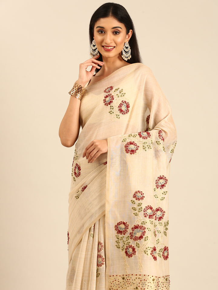 Cream Chanderi Silk With French Knot Contrast Thread Work And Sequence