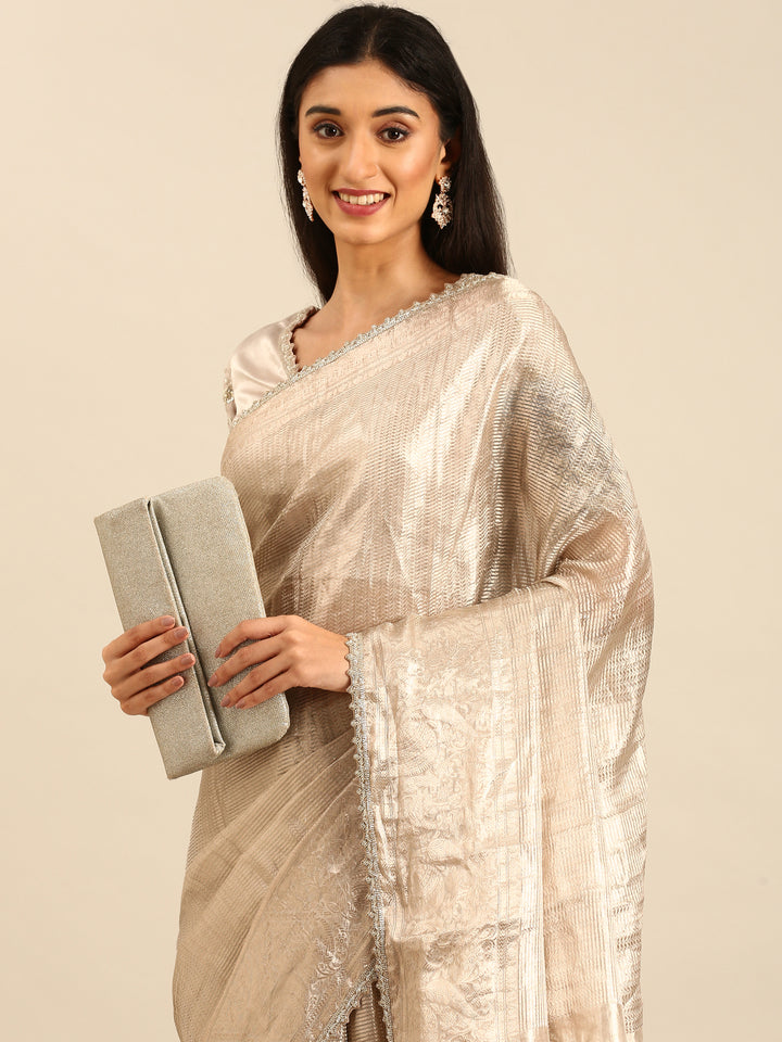 Silver Tissue Zari Saree With Hand Embroidery And Heavy Ready Made Blouse