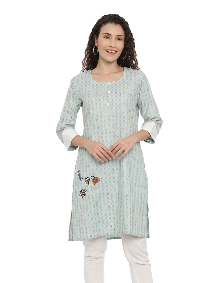 Neerus Green cotton printed straight kurta - front view