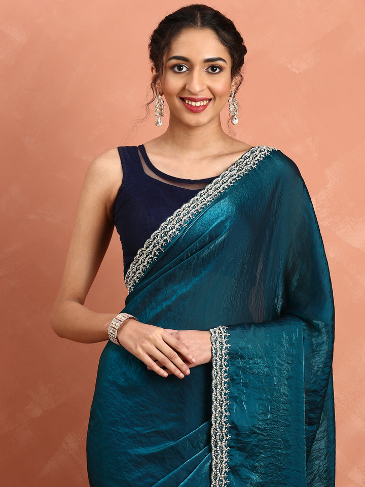 Peacock Jimmy saree with pearls & cut Dana embroidery