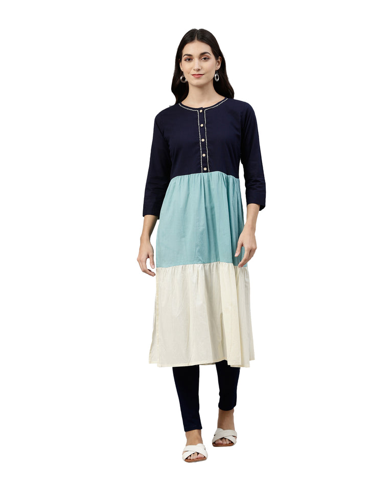 Neerus Blue rayon tiered kurti - front view